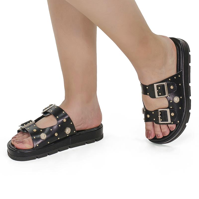 Sandália Rasteira Papete Flatform Rebite Fivela 052-040
