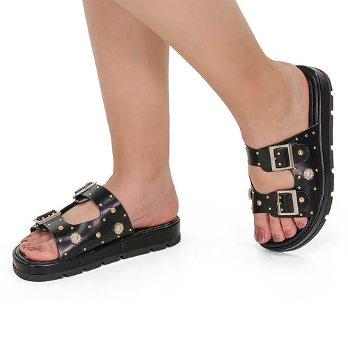 Sandália Rasteira Papete Flatform Rebite Fivela 052-040